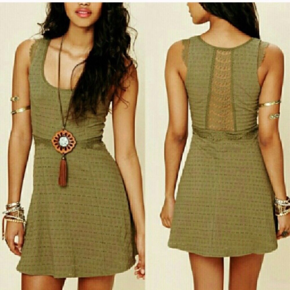 Free People Olive Green Embroidered Lace Dress